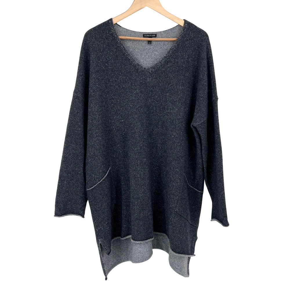 Eileen Fisher Womens 100% Cashmere V-Neck Tunic Sweater Gray‎ Marled Large L/G